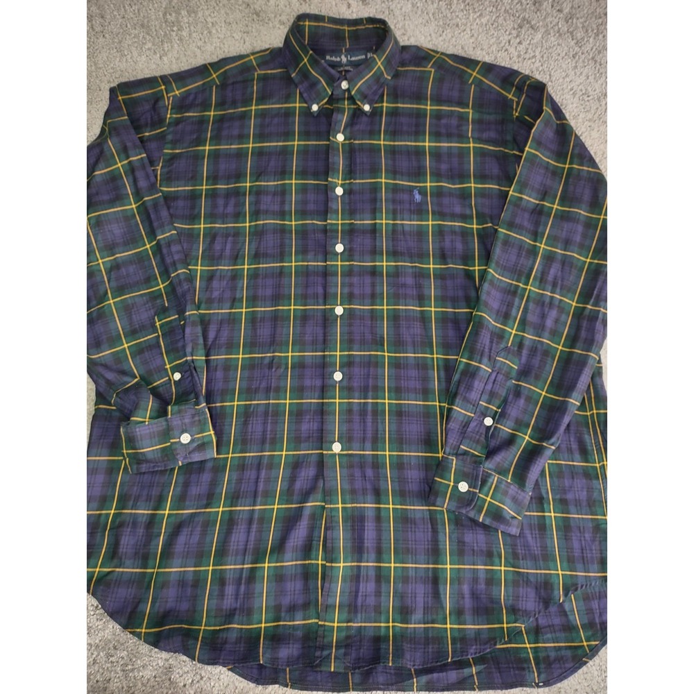 Ralph Lauren‎ Shirt Mens Large Purple Green Yellow Plaid Long Sleeve Blake Pony